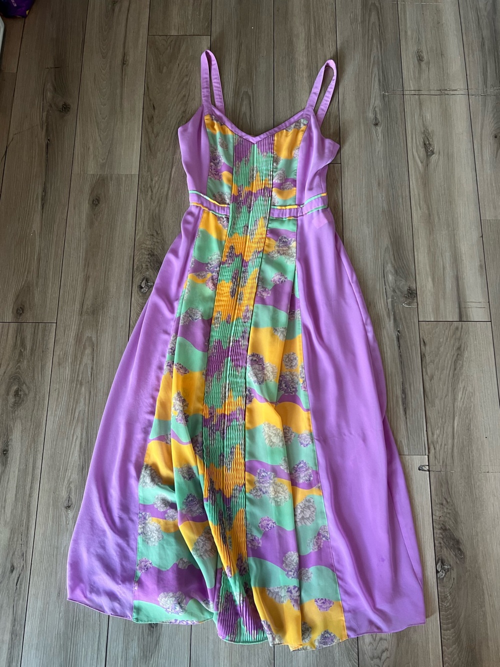 Three Floor Pastel Purple Orange Print Plisse Midi Dress women’s  6 / small